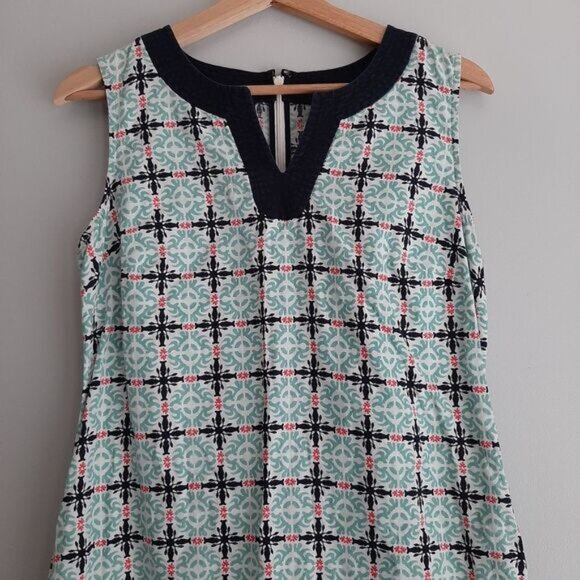 TALBOTS Linen Cotton Blend Wood Block Pattern Mini Shift Dress Mini Blue Sz 4 - Picture 3 of 15